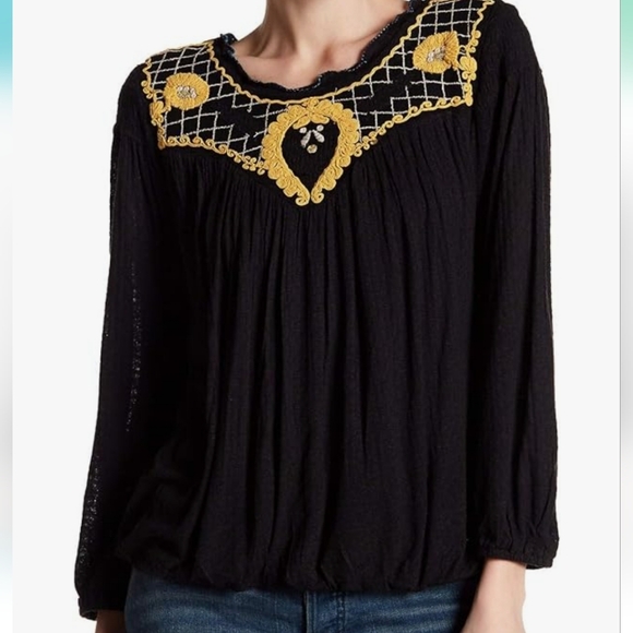 Free People Begonia Embroidered Top in Black Size Medium - Picture 1 of 16